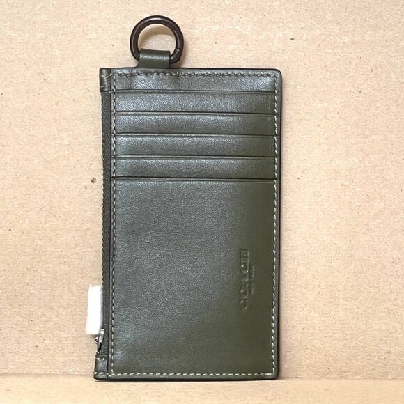 Coach CZ010 Zip Card Case Green Camo Leather Expandable Wallet D-Ring Clip - Picture 2 of 5